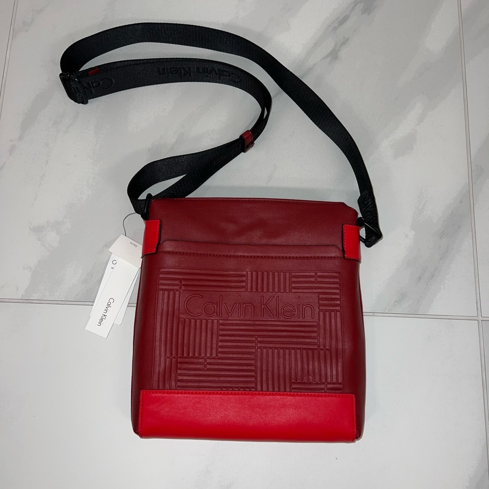 Calvin Klein red leather messenger bag
